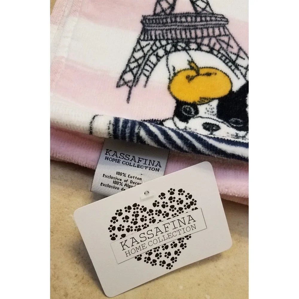 Kassafina 2pc Hand Towel‎ Set Boston Terrier French Bulldog Pink White Paris NEW